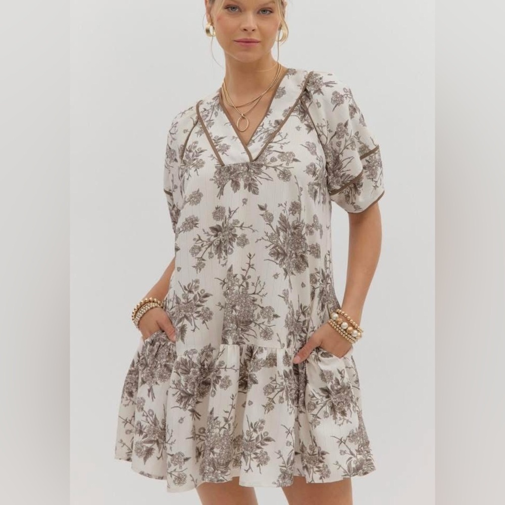 Umgee Cream and Brown Floral Mini Dress